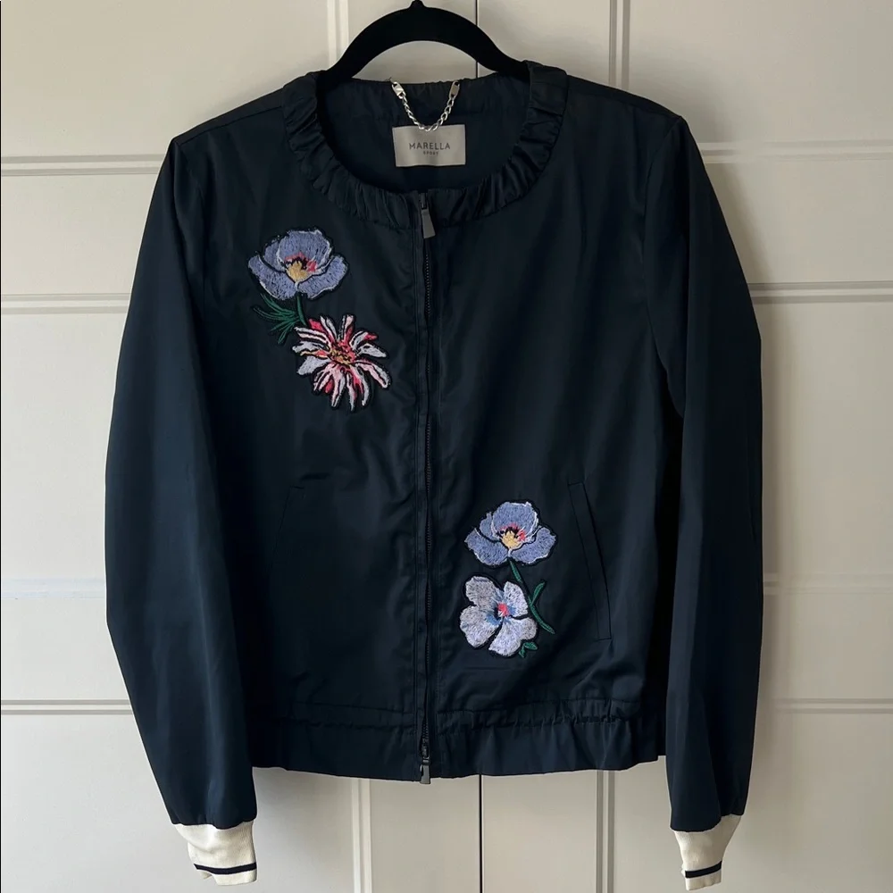 MARELLA Dark Blue Bomber Jacket with Floral Embroidery - Picture 2 of 6
